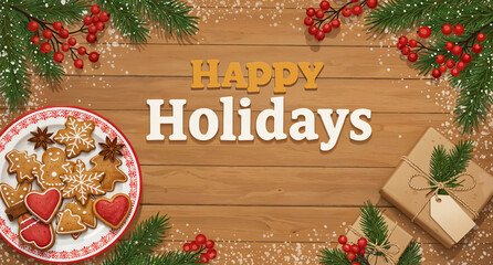 Happy Holidays Greeting on Wooden Background with Cookies and Gifts 
