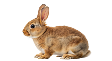 A curious and cuddly brown bunny poised and watchful against a stark black backdrop on transparent background
