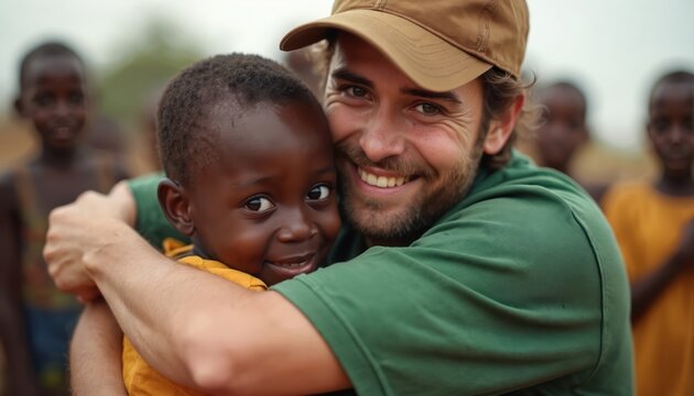 Man embraces young African child with joy. Other kids watch in background. Humanitarian aid worker shows love and care. Compassion and hope shared.