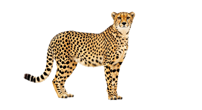 A majestic cheetah poised and alert surveying its territory with intense focus and regal grace on transparent background