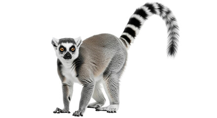 Obraz premium An alert ring tailed lemur strikes a pose in the inky darkness tail up as if asking a question on transparent background