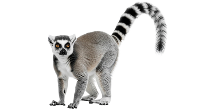 An alert ring tailed lemur strikes a pose in the inky darkness tail up as if asking a question on transparent background