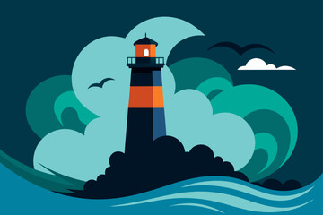 A beacon of light guides the ship across the dark ocean from the lighthouse on the coastline