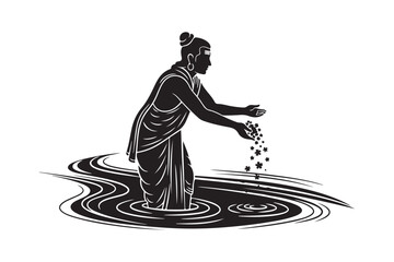 Person in water scattering seeds or small objects