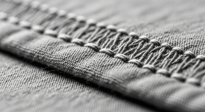Close-up Detail of Double-Stitched Seam on Gray Textile Fabric.
A high-contrast, black and white macro shot of a meticulously sewn, elastic double-stitched seam on a piece of thick gray knit or jersey