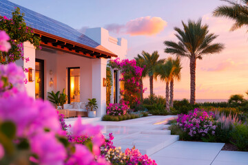 Fototapeta premium Ultra realistic Modern Solar Panels Installed on a Fort Lauderdale Florida Home in golden hour light