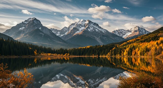 Beautiful alpine lake and majestic mountains reflecting on still water surface