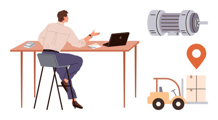 Man sits at desk with laptop discussing logistics, surrounded by industrial motor, forklift carrying boxes, and map pin. Ideal for supply chain, manufacturing, technology, transport, industry