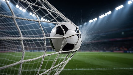 Soccer ball inside goal on green field