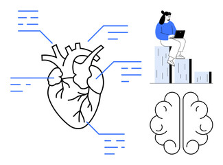Anatomical heart with data points, outlined brain, and person on laptop atop bar graphs. Ideal for education, health, research, data analysis, AI innovation healthcare technology. Minimalistic flat