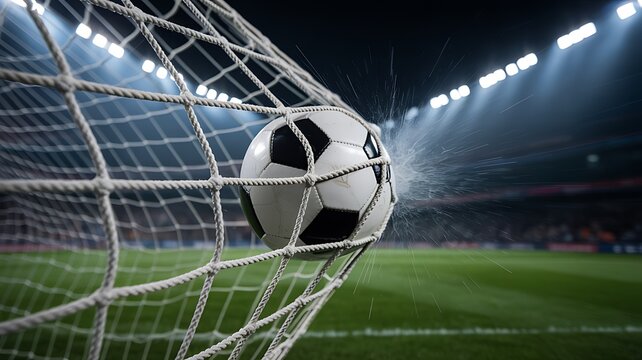 Soccer ball inside goal on green field