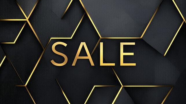 Bold sale announcement with golden letters and geometric background