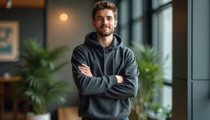 Young confident man in casual grey hoodie stands arms crossed. Modern tech startup founder entrepreneur smiles ready for business innovation. Adult male pro leader develops future company success