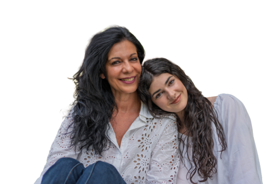 Mother and daughter embracing smiling together with transparent background