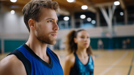 Defocused facial features with focused athletic physique in team uniform on indoor court clearly visible, with copy space