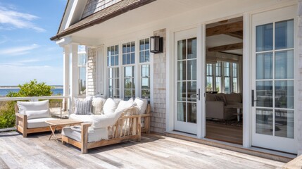 Sunny deck features cozy furniture inviting guests to relax while enjoying peaceful waterfront views.