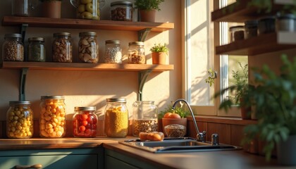 Cozy kitchen corner with sunrays on wooden shelves, glass jars filled with food, plants. Kitchen countertop with jars, sink and faucet, morning sunlight from window.