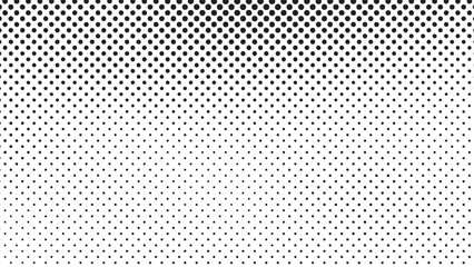 Abstract simple black and white halftone pattern background with dots gradually fading from dense at the top to sparse at the bottom, creating a gradient effect vector illustration