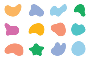 Collection of twelve simple colorful abstract organic blob shapes in various pastel and bright hues, vector illustration