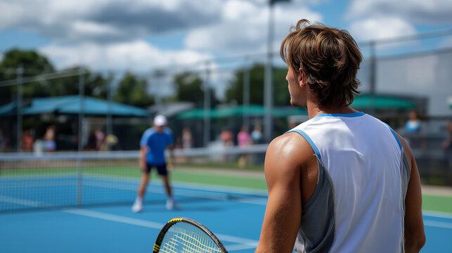 Back turned player on court with clear focused body positioning and competitive readiness during match, with copy space