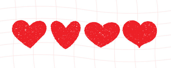 Four hand drawn red hearts in a row on a with subtle grid lines, symbolizing love and affection vector illustration