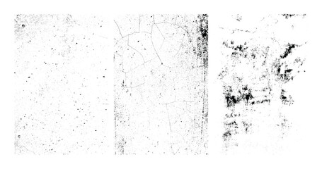 Set of three grunge texture overlays with distressed and cracked surface effect, vector illustration