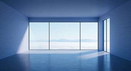 Fototapeta premium Minimalist room interior with large windows overlooking cloudy mountain landscape
