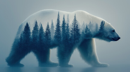Fototapeta premium Majestic polar bear silhouette merged with misty evergreen forest creates environmental artwork. 