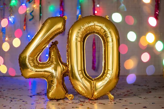 Join us for our 40th milestone celebration with elegant golden balloons and a colorful backdrop for joy - Powered by Adobe