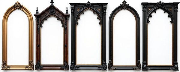 Fototapeta na wymiar Ornate gothic style picture frames isolated. Wooden frames in various colors with carvings. Design elements for art museum or vintage decor. Architecture details for a gallery.