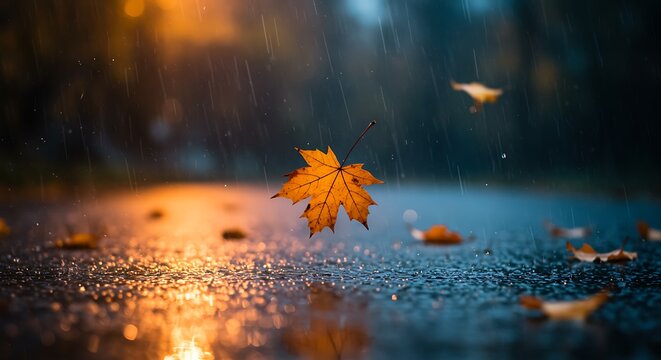 Rainy autumn day with golden maple leaf on wet asphalt - Powered by Adobe