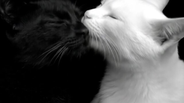 Black and white cats touch noses against a dark background studio shot