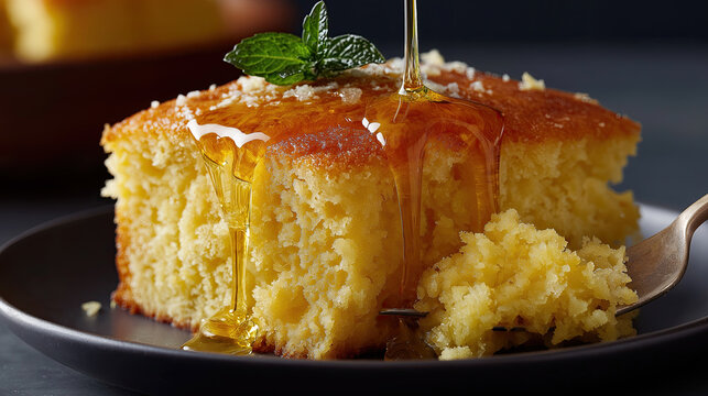 Golden honey drizzling over moist yellow sponge cake garnished with mint.