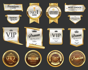 Obraz premium Award Winners medal logo white emblems, badges and laurels collection golden award logo design isolated stock illustration