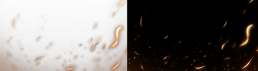 Sparks fly as embers burn. Flames with sparks on a black background. Flame PNG. Fire spark overlay with smoke and flame. Grill heat glow. Flying orange sparkle. Hell bonfire.