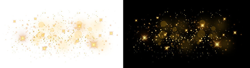 Golden dust sparks and glowing starlight trail with magical shine on transparent background, elegant vector light effect for festive decoration and luxury design projects