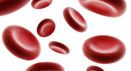 A detailed close up of human red blood cells floating against the stark black backdrop on transparent background
