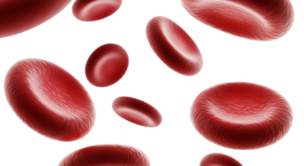 A detailed close up of human red blood cells floating against the stark black backdrop on transparent background