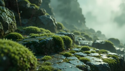 Mossy Basalt Landscape with Morning Mist