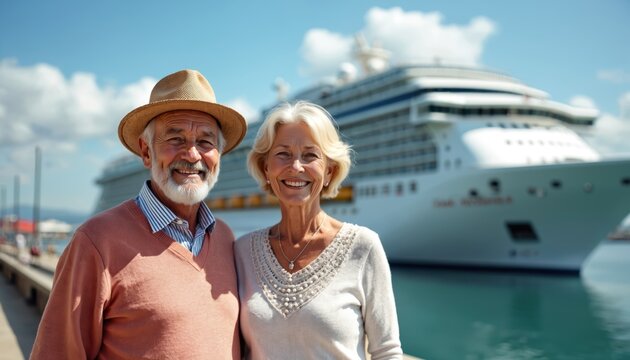 Smiling senior couple poses by large cruise ship docked at sunny port. Mature man wears hat, woman smiles, ready for sea voyage. Happy elderly pair embarks on vacation trip.
