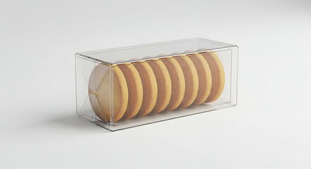 Clear Rectangular Box with Stacked Round Cookies on White Background.
