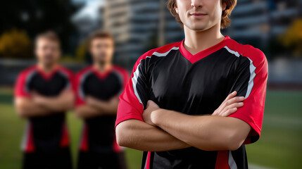 Naklejka premium Anonymous player's figure with defocused face and clear body positioning in team sportswear visible, with copy space