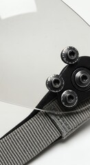 Close-up of a climbing harness buckle and webbing, highlighting the intricate details of the safety equipment.