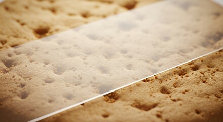 Close-up of a cracker with a transparent plastic sheet on top, highlighting texture and detail.