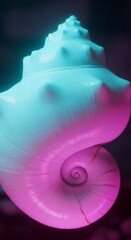 Close-up of a conch shell illuminated with vibrant pink and blue neon lights, showcasing its intricate spiral and smooth texture against a dark background.