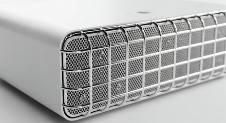 Close-up of a modern, sleek silver electronic device with a distinctive mesh grille design, highlighting its intricate texture and contemporary aesthetic.