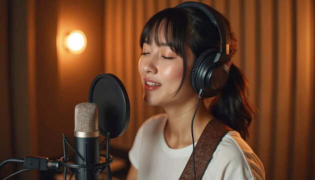 Young woman sings into professional microphone wearing headphones in a warm lit recording studio. Female artist records song, performs vocal music, focused on sound production.