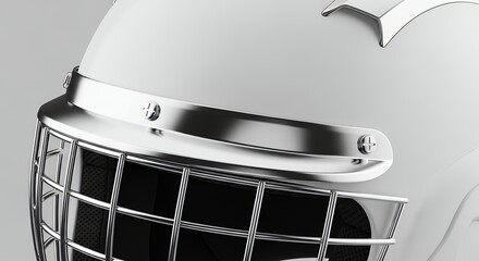 Close-up of a white hockey helmet with a metal cage, highlighting its protective design and sports equipment details.