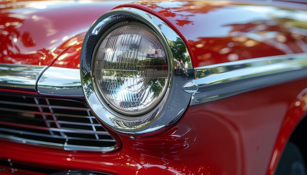 Close-up of vintage car chrome with headlight and grille, ultra detailed