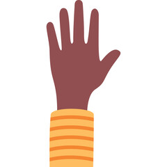 Raised brown hand wearing orange striped bracelet against a white background showcasing unity and communication